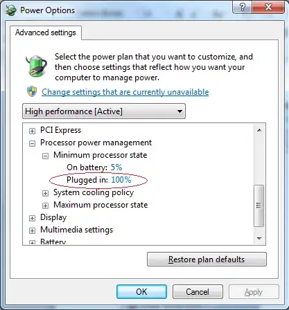 Power Options set to 100% minimum CPU