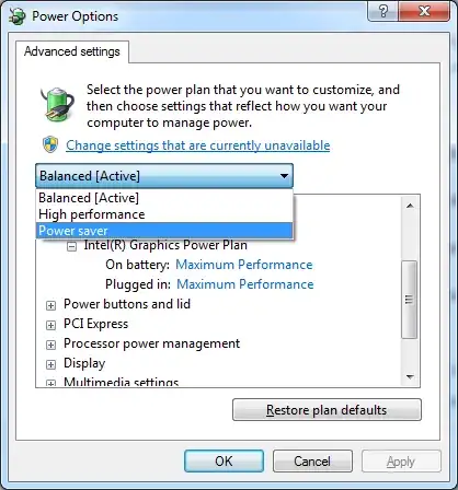 Power Plan drop-down in Power Options dialog