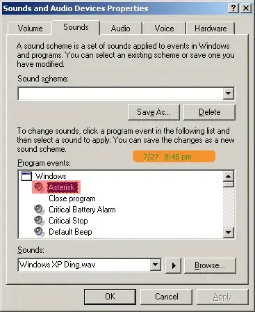 Sound and Audio Device Properties dialog box (mmsys.cpl) with Asterisk program event highlighted in red