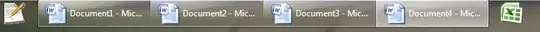 Cropped screenshot of the Windows 7 Taskbar showing several copies of MS Word running shown as seperate tabs while the bar is in the "Combine when full" setting.