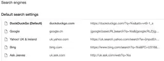 Search engines, settings, DuckDuckGo