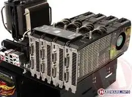 four video cards mounted on a mother board, with two video outputs each