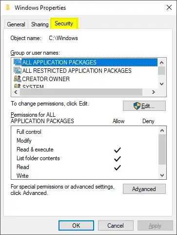 Security tab in properties dialog of C:\Windows folder on a Windows 10