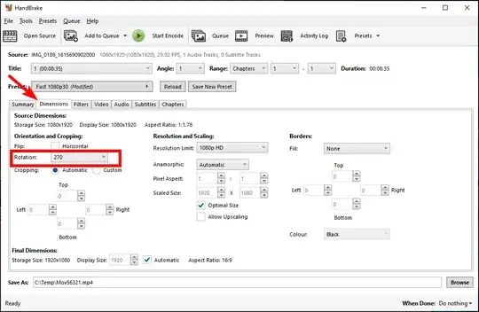 Setting rotation on the Dimensions tab