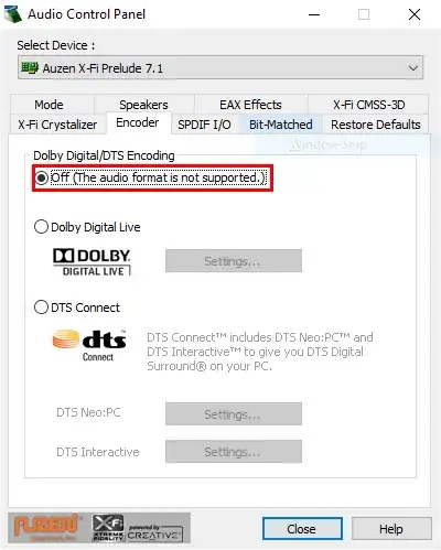 Audio Control Panel window showing the "Off" option with the error message next to it: "The audio format is not supported."
