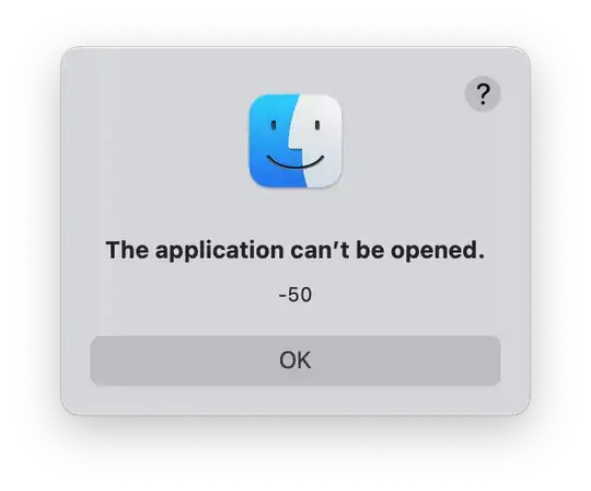 Screenshot of image with Finder logo and the text "The application can't be opened." on one line and the text "-50" below the first line. Below the text is one button with the text "OK".