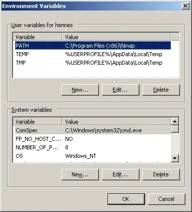 Screenshot of Environment variable screen