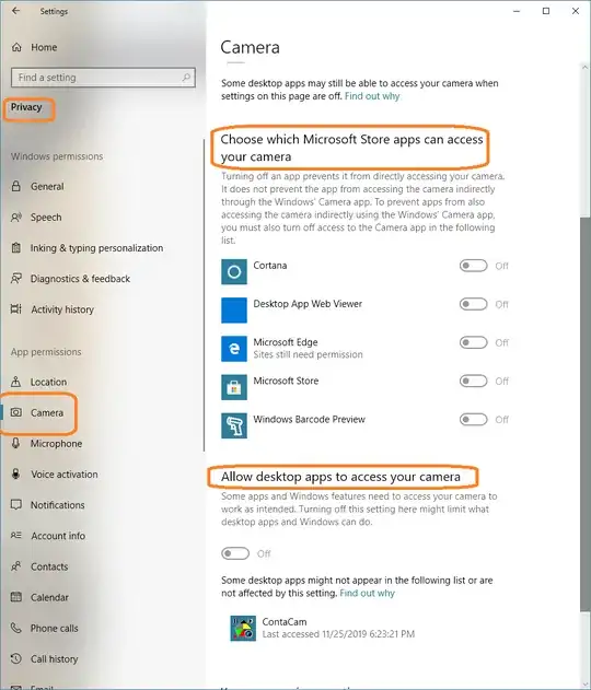 Privacy settings for Camera