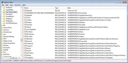 Screenshot of User Shell Folders registry entries