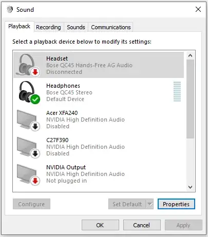 Windows Sound Settings with Disconnected Headset