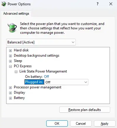 Advanced power options menu