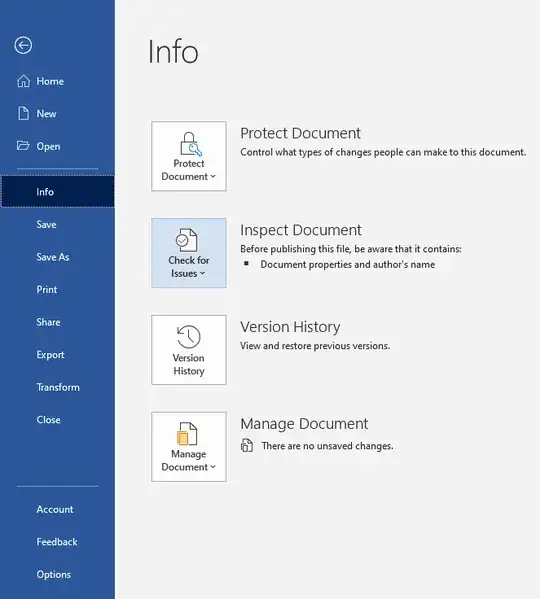 Info menu options in Word