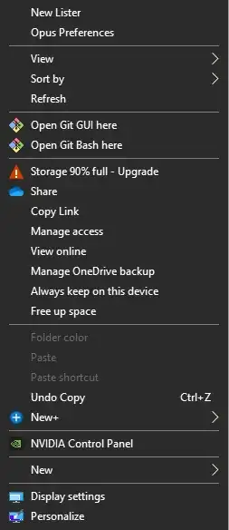 context menu from Desktop folder, indicating Storage being almost full