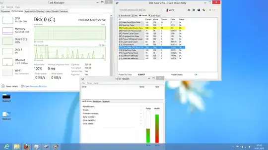 Screenshot of HDD Health and HD Tune on the health of the drive