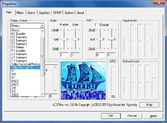 Screenshot of AC3Filter configured to output in Dolby Prologic II