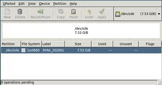GParted showing /dev/sde as one partion with file system iso9660 and Label PARA_202001