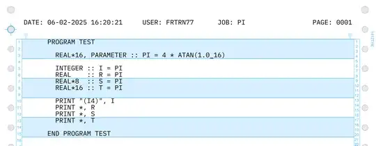 image of a blue banded, 9.5" wide paper, mono-spaced character set listing with alternating colors