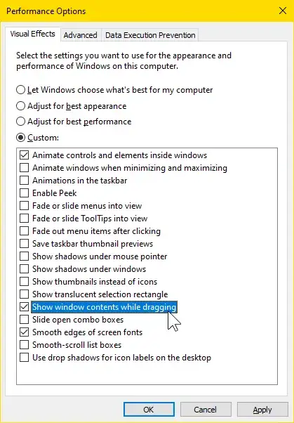'System Properties' > 'Performance Options' > 'Visual Effects'
