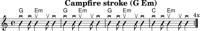 
\version "2.20.0"
\header {
  title="Campfire stroke (G Em)"
  encoder="mjchael"
}

myChords = \new ChordNames { \chordmode {
    g4. e8:m s2 g4. e8:m s2 
    g4. e8:m s2 c4. e8:m s2
}}

Lager_G_a = {
  <g, b d g>4 \downbow %1
  <d g b g'>8 \downbow %2
}

Lager_Em_b = {
  <g b e'>4 \upbow %+
  <g b e'>8 \upbow %+
  <g b e'>4 \downbow %4
}

myRhythm = { \repeat volta 4 {
  \Lager_G_a \Lager_Em_b \Lager_G_a \Lager_Em_b
  \Lager_G_a \Lager_Em_b \Lager_G_a \Lager_Em_b
  \mark "4x"
}}

\score { << %layout
  % Chords
  \myChords
  % Slash Notation
  \new Voice \with {
    \consists "Pitch_squash_engraver"
  }{
    \set Staff.midiInstrument = "acoustic guitar (nylon)"
    \improvisationOn
    \override NoteHead.X-offset = 0
    \myRhythm
  }
>> \layout{} }

\score { << % midi
  \unfoldRepeats {
    \tempo 4 = 90
    \time 4/4
    \key d \major
    \set Staff.midiInstrument = #"acoustic guitar (nylon)"
    c4 b, a,
    \myRhythm 
    <g, b, d g b g,>1 \downbow
  }
>> \midi{} }

\paper {
  indent=0\mm
  line-width=180\mm
  oddFooterMarkup=##f
  oddHeaderMarkup=##f
  % bookTitleMarkup=##f
  scoreTitleMarkup=##f
}
