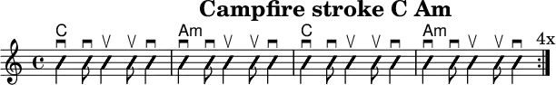 
\version "2.20.0"
\header {
  title="Campfire stroke C Am"
  encoder="mjchael"
}

myChords = \new ChordNames { \chordmode {
    c1 a:m c a:m
}}

Lager_C = {
  <e, c e>4 \downbow
  <g c' e'>8 \downbow 
  <g c' e'>4 \upbow 
  <g c' e'>8 \upbow 
  <g c' e'>4 \downbow
}

Lager_Am = { 
  <e, a, e>4 \downbow
  <a c' e'>8 \downbow 
  <a c' e'>4 \upbow 
  <a c' e'>8 \upbow 
  <a c' e'>4 \downbow
}

myRhythm = { \repeat volta 4 {
  \Lager_C \Lager_Am \Lager_C \Lager_Am
  \mark "4x"
}}

\score { << %layout
  % Chords
  \myChords
  % Slash Notation
  \new Voice \with {
    \consists "Pitch_squash_engraver"
  }{
    \set Staff.midiInstrument = "acoustic guitar (nylon)"
    \improvisationOn
    \override NoteHead.X-offset = 0
    \myRhythm
  }
>> \layout{} }

\score { << % midi
  \unfoldRepeats {
    \tempo 4 = 90
    \time 4/4
    \key d \major
    \set Staff.midiInstrument = #"acoustic guitar (nylon)"
    g,4 a, b,
    \myRhythm 
    <g, b, d g b g,>1 \downbow
  }
>> \midi{} }

\paper {
  indent=0\mm
  line-width=180\mm
  oddFooterMarkup=##f
  oddHeaderMarkup=##f
  % bookTitleMarkup=##f
  scoreTitleMarkup=##f
}
