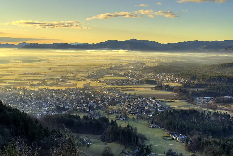 Šmarjetna gora, view towards Škofja Loka, Slovenia