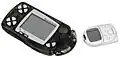 The WonderSwan WonderWave allowed limited IR communication with other WonderSwan consoles, as well as the Sony PocketStation as shown here.
