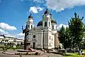 The Metropolitan Cathedral of Chernivtsi, with the statue of Eugene Hackmann
