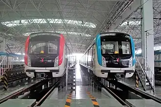 Two B3 trains at the depot