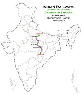 (Raipur - Lucknow) Garib Rath Express route map