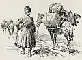 Pack mules of the Alpenkorps led by a Cossack prisoner in Râmnicu Sărat, 1916