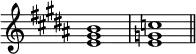 
{
\override Score.TimeSignature
#'stencil = ##f
    \relative c' {
        \time 4/4 \key b \major
        <e gis b>1 <e g c> \bar "||"
    }
}
