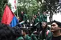Students from the University of North Sumatra waiting patiently in a sit-in protest