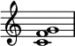 
{
\override Score.TimeSignature #'stencil = ##f
\relative c' { 
  \clef treble 
  \time 4/4
  \textLengthOn
  <c f g>1
} }

