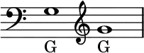 { \new Staff \with{ \magnifyStaff #3/2 } << \time 2/1 \override Score.TimeSignature #'stencil = ##f { \clef bass g1_G \clef treble g'_G } >> }