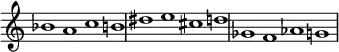 
{
#(set-global-staff-size 17.5)
\override Score.TimeSignature
#'stencil = ##f
\override Score.SpacingSpanner.strict-note-spacing = ##t
  \set Score.proportionalNotationDuration = #(ly:make-moment 3/1)
    \relative c'' {
        \time 4/1
        \set Score.tempoHideNote = ##t \tempo 1 = 60
        bes1 a c b!  
        dis e cis d  
        ges, f aes g
    }
}
