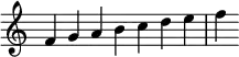 
{
\override Score.TimeSignature #'stencil = ##f
\relative c' { 
  \clef treble 
  \time 7/4 f4 g a b c d e f
} }
