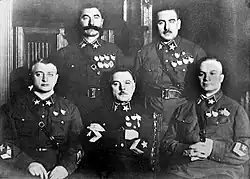 Image 32Five Marshals of the Soviet Union in 1935. Only two of them—Budyonny and Voroshilov—survived the Great Purge. Blyukher, Yegorov and Tukhachevsky were executed. (from History of the Soviet Union)