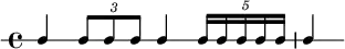 \new RhythmicStaff {
\clef percussion
\time 4/4
\set Score.tempoHideNote = ##t \tempo 4 = 80
c4 \tuplet 3/2 { c8 c c }
c4 \tuplet 5/4 { c16 c c c c }
c4
}