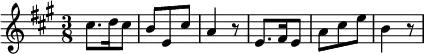 {\set Staff.midiInstrument = #"accordion" \key a \major \time 3/8 cis''8. d''16 cis''8 b'8 e'8 cis''8 a'4 r8 e'8. fis'16 e'8 a'8 cis''8 e''8 b'4 r8}