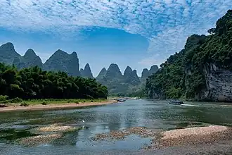 Conical mountains with a river in front