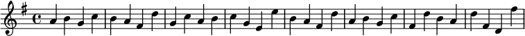 \relative c'' {
 \key g \major
   a   b   g   c
   b   a  fis  d'
   g,  c   a   b
   c   g   e   e'
   b   a  fis  d'
   a   b   g   c
  fis, d'  b   a
   d  fis, d  fis'
}