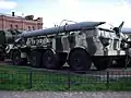A 9T29 transporter carrying a 9M21 missile for a 9K52 Luna-M missile complex, in the Saint Petersburg Artillery museum