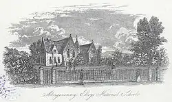 Illustration of a school building with some people standing outside