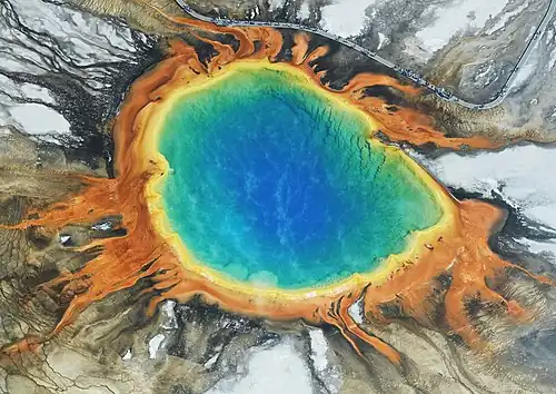 A large blue pool surround by orange border on a purple ground
