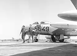 Amos Lapidot (right) 1956 after getting out of his Dassault Ouragan jet at Hatzor Airbase