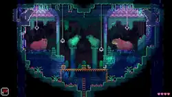 Low resolution pixel art with capybaras and platforms.