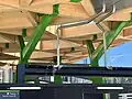 Detail of the wooden Anzac station entrance canopy during construction, December 2022
