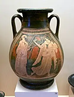 Afterlife scene of a woman playing crotalum clappers leading a man playing a barbitos lyre.