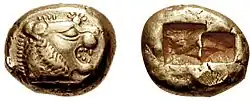 Image 18A 640 BC one-third stater electrum coin from Lydia. According to Herodotus, the Lydians were the first people to introduce the use of gold and silver coins. It is thought by modern scholars that these first stamped coins were minted around 650 to 600 BC. (from Money)