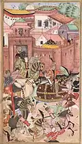 Babur and his army emerge from the Khwaja Didar Fort, British Museum